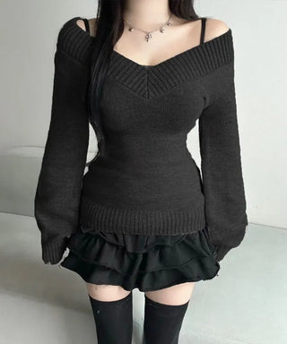 V-Neck Off-Shoulder Slim Fit Knit Zooms Waist Daily