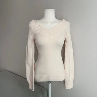 V-Neck Off-Shoulder Slim Fit Knit Zooms Waist Daily