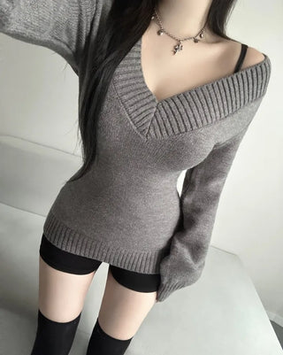 V-Neck Off-Shoulder Slim Fit Knit Zooms Waist Daily