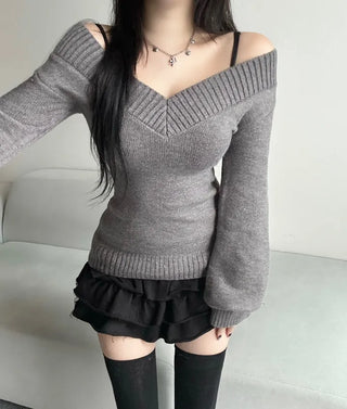 V-Neck Off-Shoulder Slim Fit Knit Zooms Waist Daily