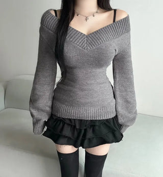 V-Neck Off-Shoulder Slim Fit Knit Zooms Waist Daily