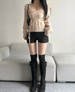 Ribbon V-Neck Off-Shoulder Slim Fit Knit Cut Waist