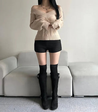Ribbon V-Neck Off-Shoulder Slim Fit Knit Cut Waist
