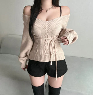 Ribbon V-Neck Off-Shoulder Slim Fit Knit Cut Waist