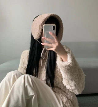 Ribbon Sherpa Fleece Earmuffs Earflaps Daily Basic Hat