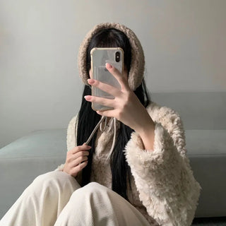 Ribbon Sherpa Fleece Earmuffs Earflaps Daily Basic Hat