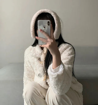 Ribbon Sherpa Fleece Earmuffs Earflaps Daily Basic Hat