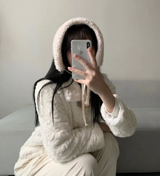 Ribbon Sherpa Fleece Earmuffs Earflaps Daily Basic Hat