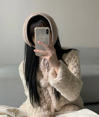 Ribbon Sherpa Fleece Earmuffs Earflaps Daily Basic Hat