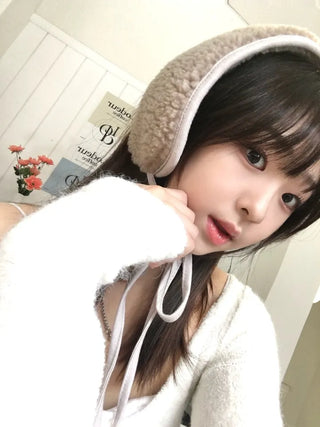 Ribbon Sherpa Fleece Earmuffs Earflaps Daily Basic Hat