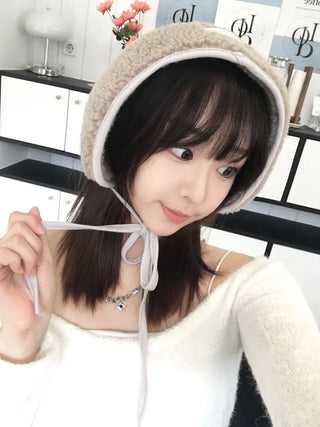 Ribbon Sherpa Fleece Earmuffs Earflaps Daily Basic Hat