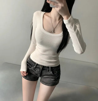Deep U-Neck Wool Ribbed Long Sleeve Tee Knit