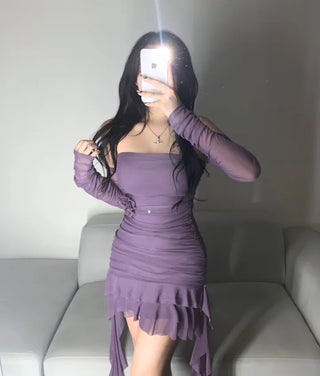 Fringe Tube Top Shirred Long Sleeve Dress Unique