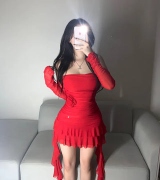 Fringe Tube Top Shirred Long Sleeve Dress Unique