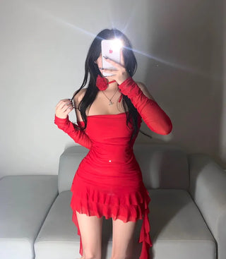 Fringe Tube Top Shirred Long Sleeve Dress Unique