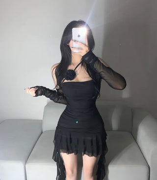 Fringe Tube Top Shirred Long Sleeve Dress Unique