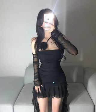 Fringe Tube Top Shirred Long Sleeve Dress Unique