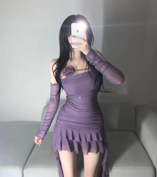 Fringe Tube Top Shirred Long Sleeve Dress Unique