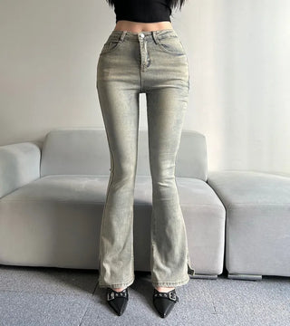 Hip Padded Side Slit Bootcut Denim Pants Jeans