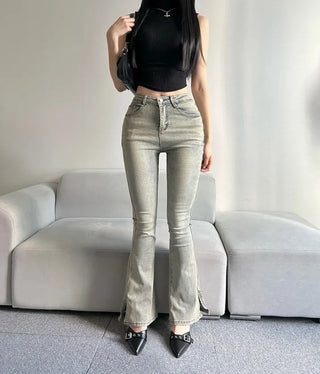 Hip Padded Side Slit Bootcut Denim Pants Jeans