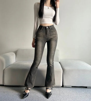 Hip Padded Side Slit Bootcut Denim Pants Jeans