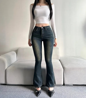 Hip Padded Side Slit Bootcut Denim Pants Jeans