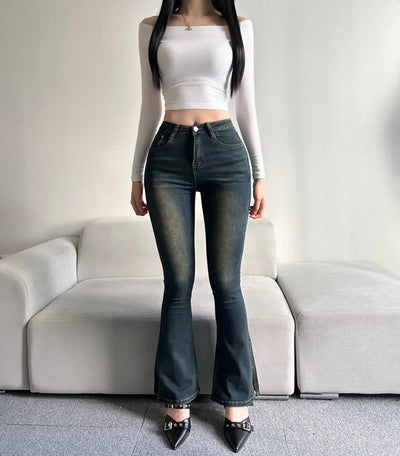 Hip Padded Side Slit Bootcut Denim Pants Jeans