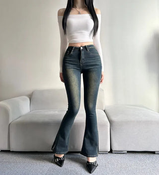 Hip Padded Side Slit Bootcut Denim Pants Jeans