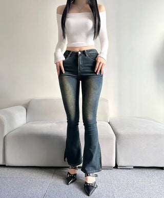 Hip Padded Side Slit Bootcut Denim Pants Jeans