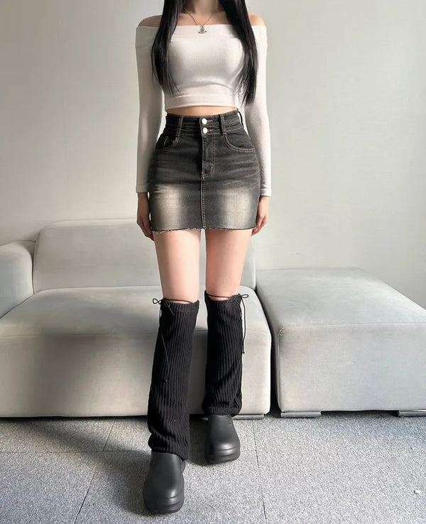 Hip Pads High-waisted Black Denim Skirt H-Line Washed