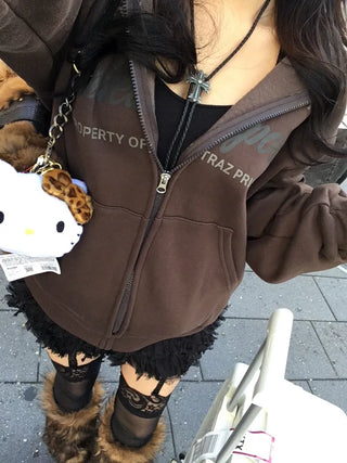 Vintage Lettering Fur Zip-Up Hoodie Fleece Long Sleeve