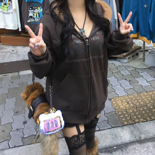 Vintage Lettering Fur Zip-Up Hoodie Fleece Long Sleeve