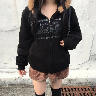 Vintage Lettering Fur Zip-Up Hoodie Fleece Long Sleeve