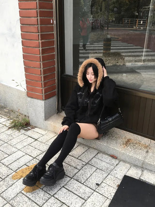 Vintage Lettering Fur Zip-Up Hoodie Fleece Long Sleeve