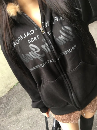 Vintage Lettering Fur Zip-Up Hoodie Fleece Long Sleeve