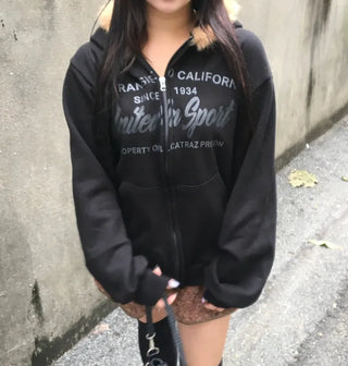 Vintage Lettering Fur Zip-Up Hoodie Fleece Long Sleeve