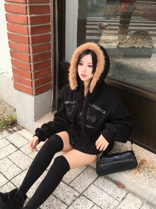 Vintage Lettering Fur Zip-Up Hoodie Fleece Long Sleeve
