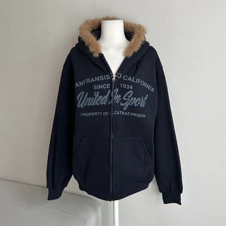 Vintage Lettering Fur Zip-Up Hoodie Fleece Long Sleeve