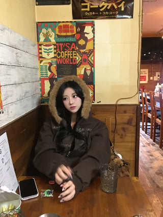 Vintage Lettering Fur Zip-Up Hoodie Fleece Long Sleeve