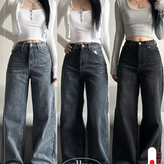 Winter Fleece-lined Wide Denim Pants Washed Jeans Basic