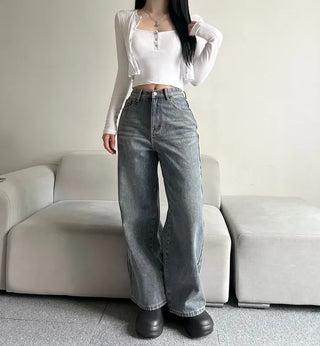 Winter Fleece-lined Wide Denim Pants Washed Jeans Basic