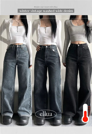Winter Fleece-lined Wide Denim Pants Washed Jeans Basic