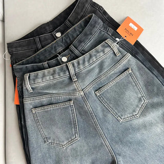 Winter Fleece-lined Wide Denim Pants Washed Jeans Basic