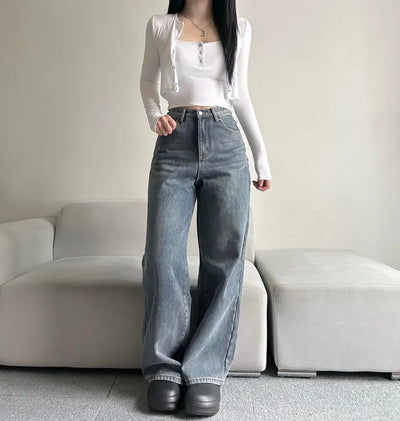 Winter Fleece-lined Wide Denim Pants Washed Jeans Basic
