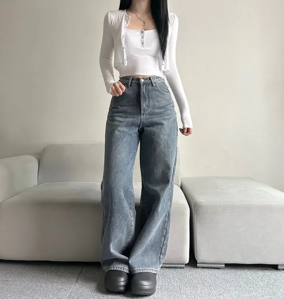 Winter Fleece-lined Wide Denim Pants Washed Jeans Basic