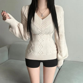 Cable Knit V-Neck Off-Shoulder Slim Fit Zoomy Waist-tight