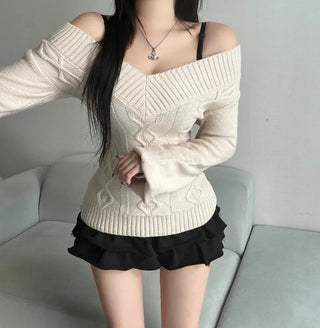 Cable Knit V-Neck Off-Shoulder Slim Fit Zoomy Waist-tight