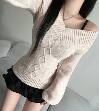 Cable Knit V-Neck Off-Shoulder Slim Fit Zoomy Waist-tight