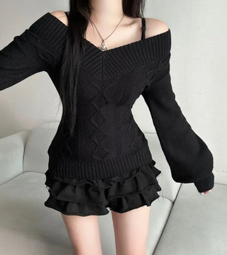 Cable Knit V-Neck Off-Shoulder Slim Fit Zoomy Waist-tight