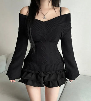 Cable Knit V-Neck Off-Shoulder Slim Fit Zoomy Waist-tight